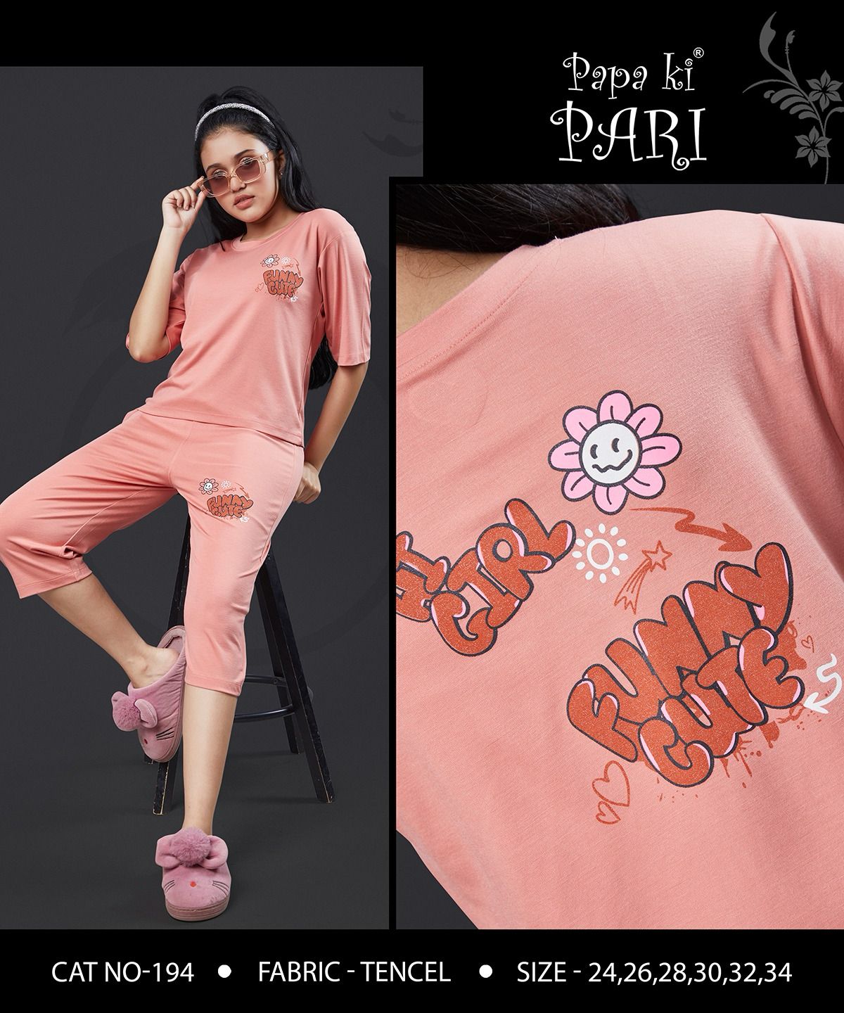 Cat 194 Papa Ki Pari Lycra Tencil Girls Capri Night Suits Exporter Ahmedabad