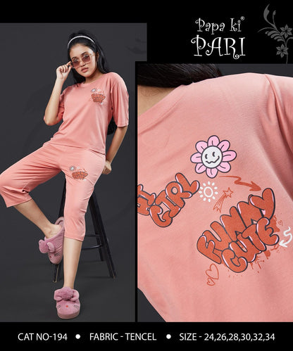 Cat 194 Papa Ki Pari Lycra Tencil Girls Capri Night Suits Exporter Ahmedabad