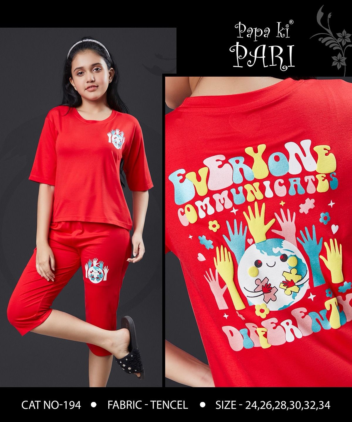 Cat 194 Papa Ki Pari Lycra Tencil Girls Capri Night Suits Exporter Ahmedabad