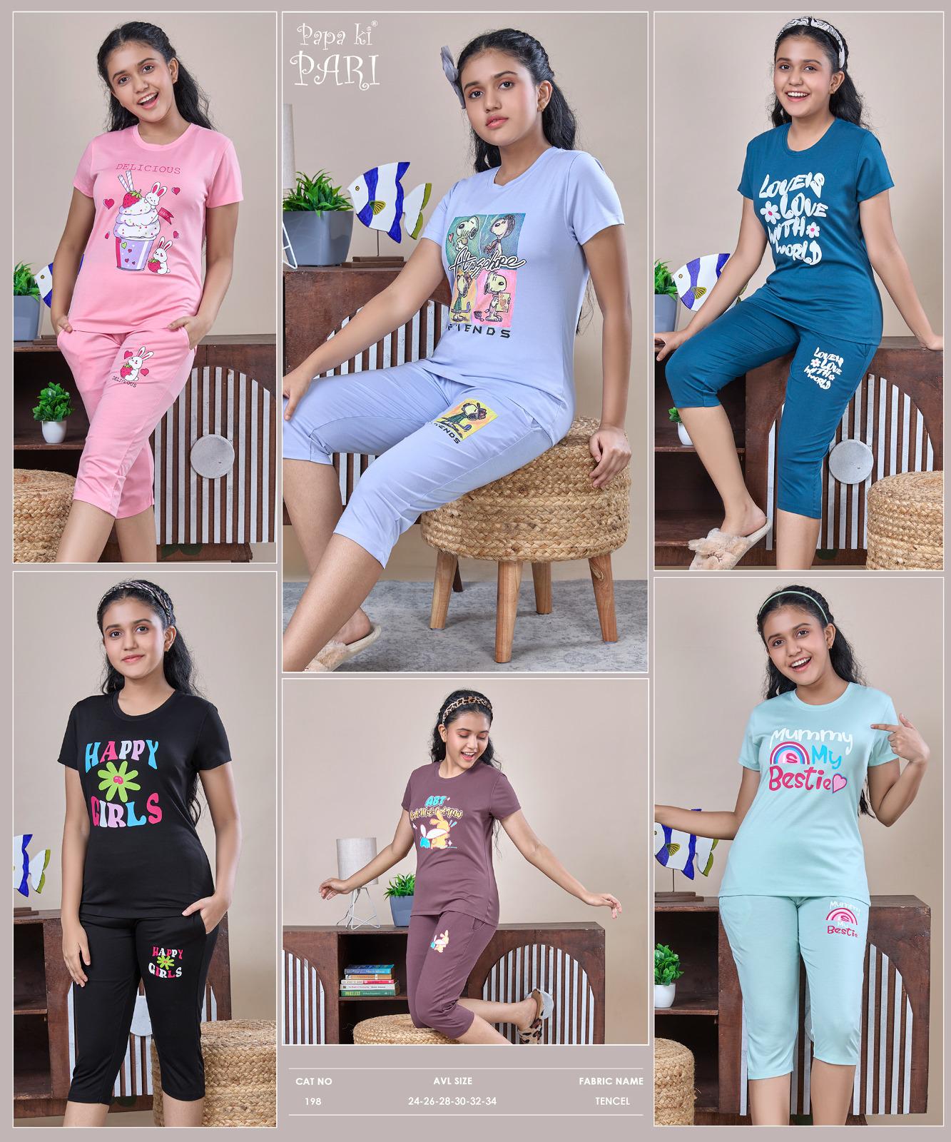 Cat 198 Papa Ki Pari Tencil Girls Capri Night Suits Wholesaler Ahmedabad