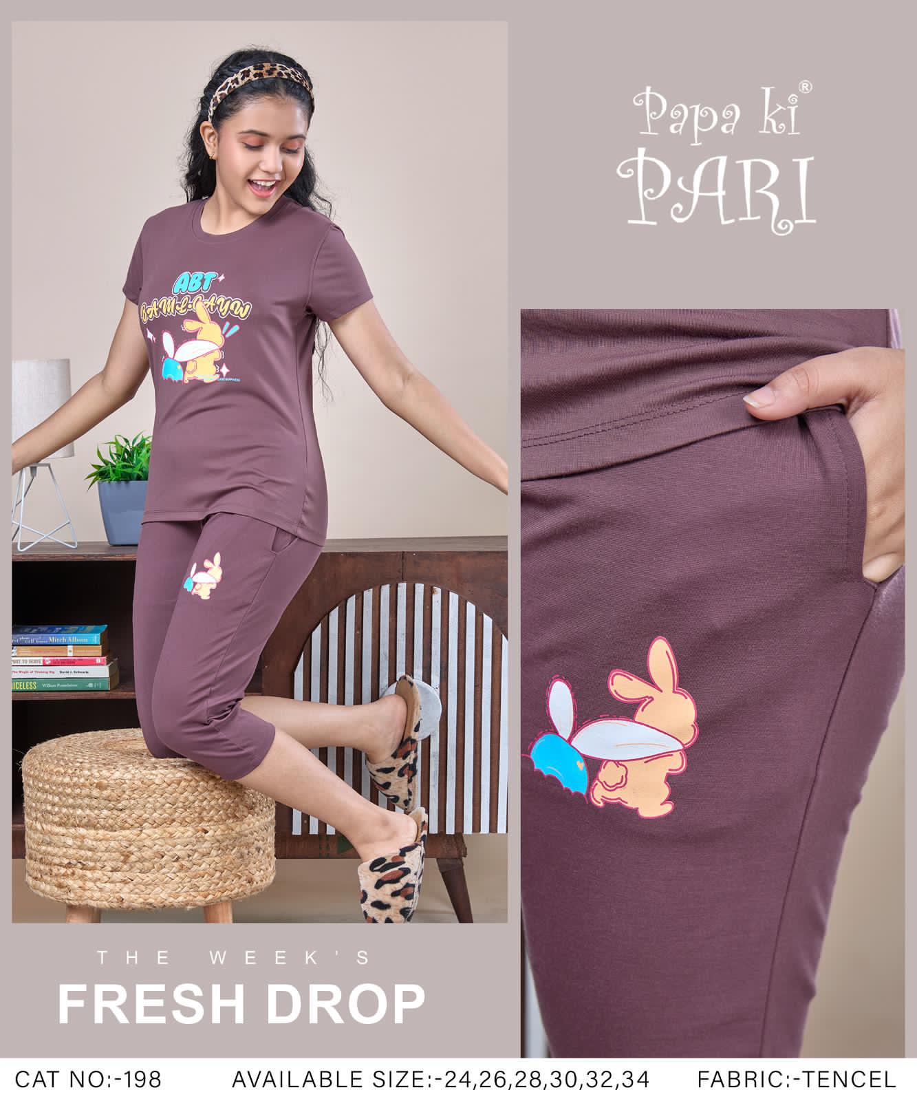 Cat 198 Papa Ki Pari Tencil Girls Capri Night Suits Wholesaler Ahmedabad