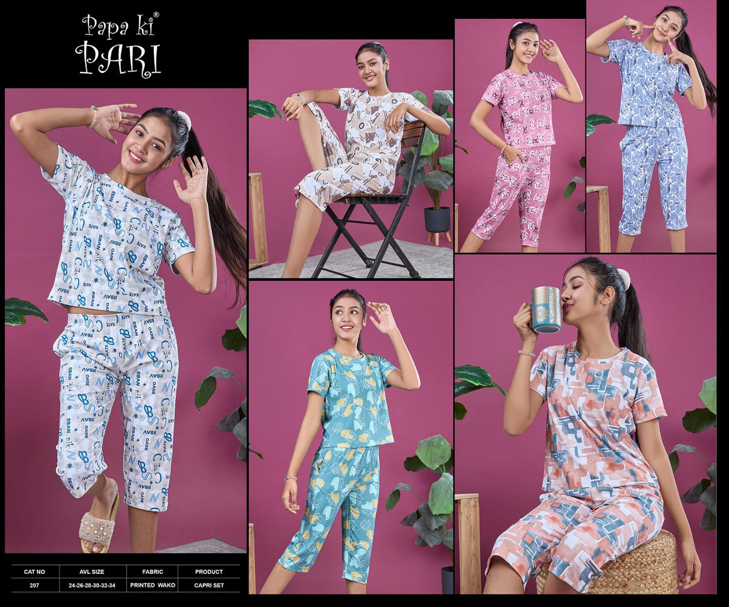 Cat 207 Papa Ki Pari Aop Girls Capri Night Suits Wholesale Price