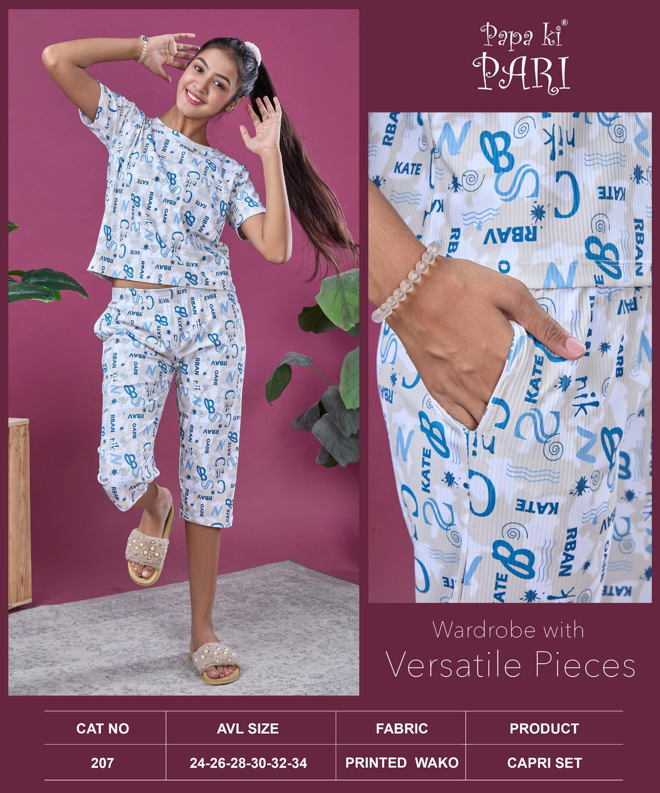 Cat 207 Papa Ki Pari Aop Girls Capri Night Suits Wholesale Price