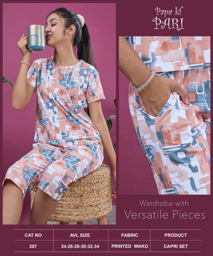 Cat 207 Papa Ki Pari Aop Girls Capri Night Suits Wholesale Price