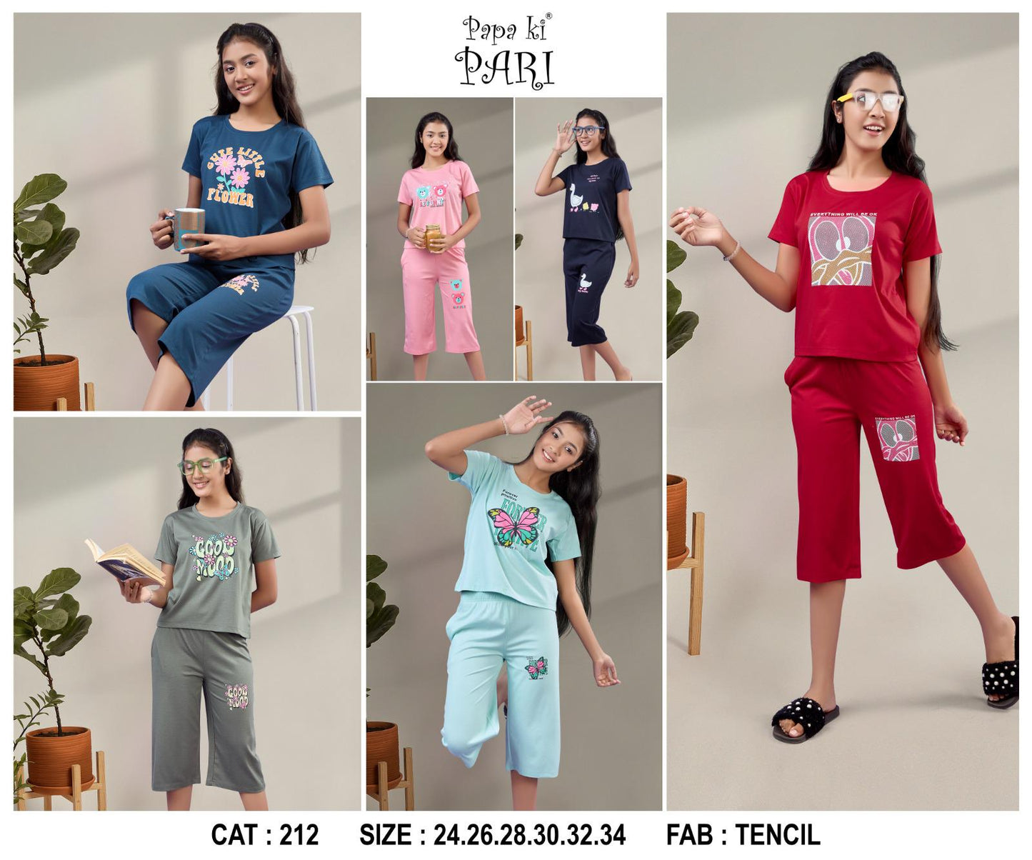 Cat 212 Papa Ki Pari Imported Girls Capri Night Suits Wholesaler