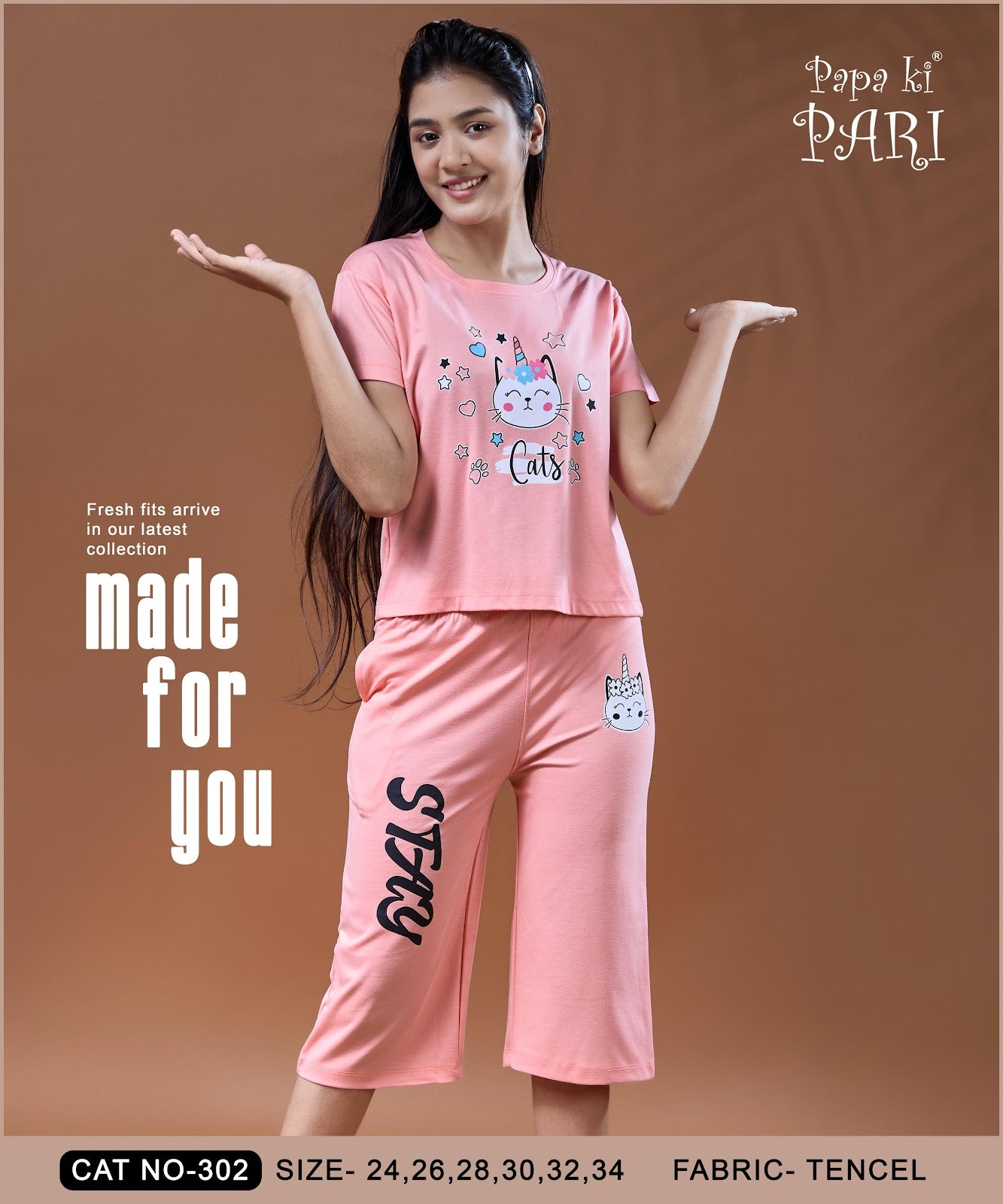 Cat 302 Papa Ki Pari Imported Girls Capri Night Suits Wholesale Price