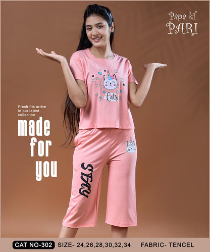 Cat 302 Papa Ki Pari Imported Girls Capri Night Suits Wholesale Price