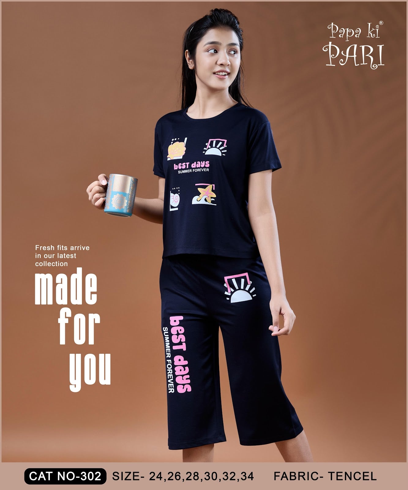 Cat 302 Papa Ki Pari Imported Girls Capri Night Suits Wholesale Price