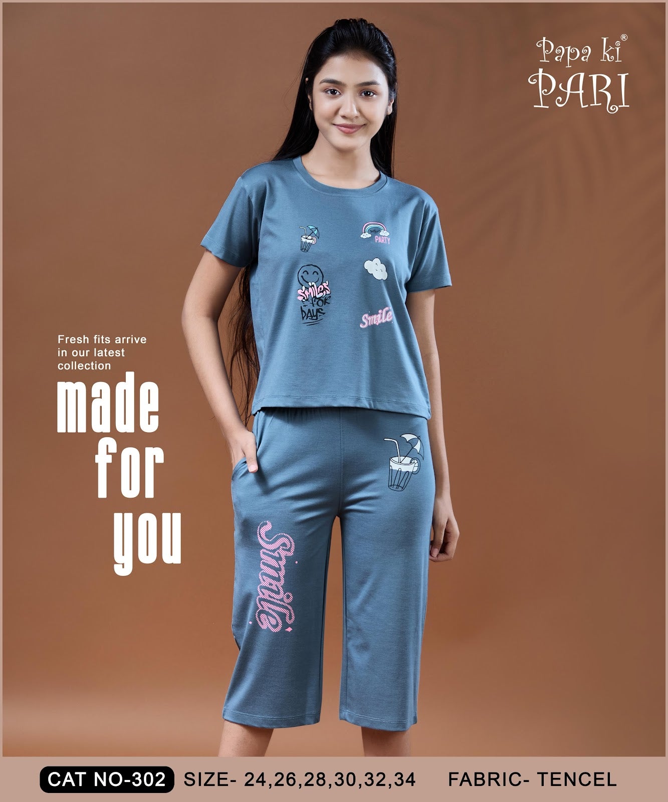 Cat 302 Papa Ki Pari Imported Girls Capri Night Suits Wholesale Price