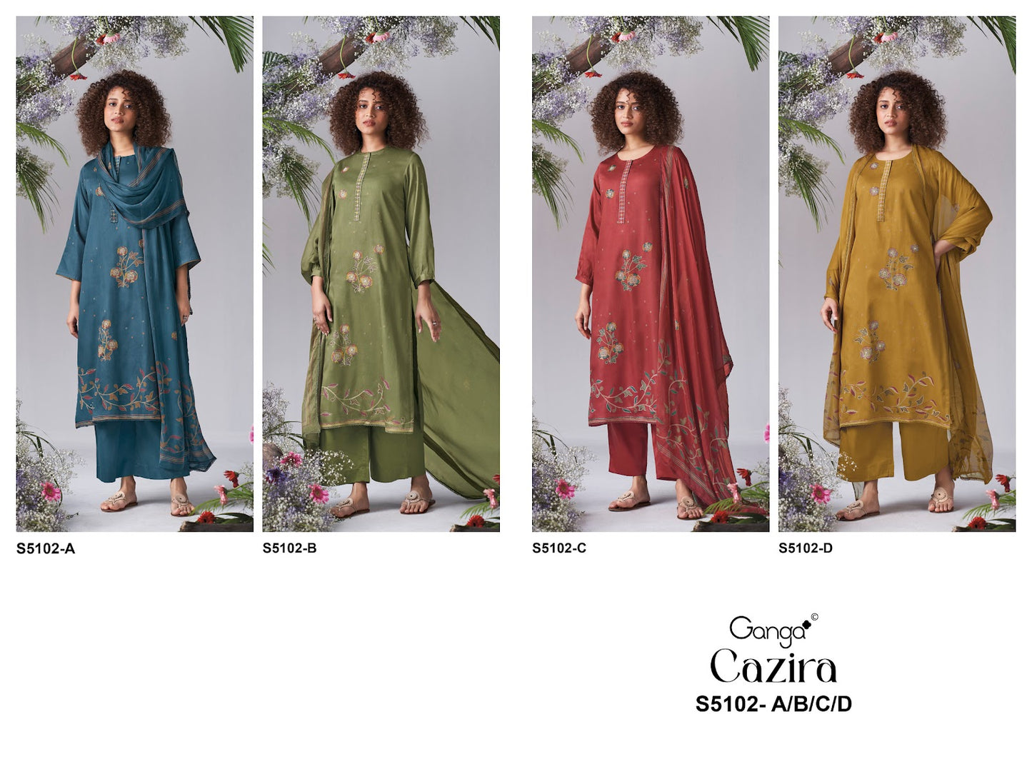 Cazira S5102 Ganga Cotton Satin Pant Style Suits Wholesale Rate