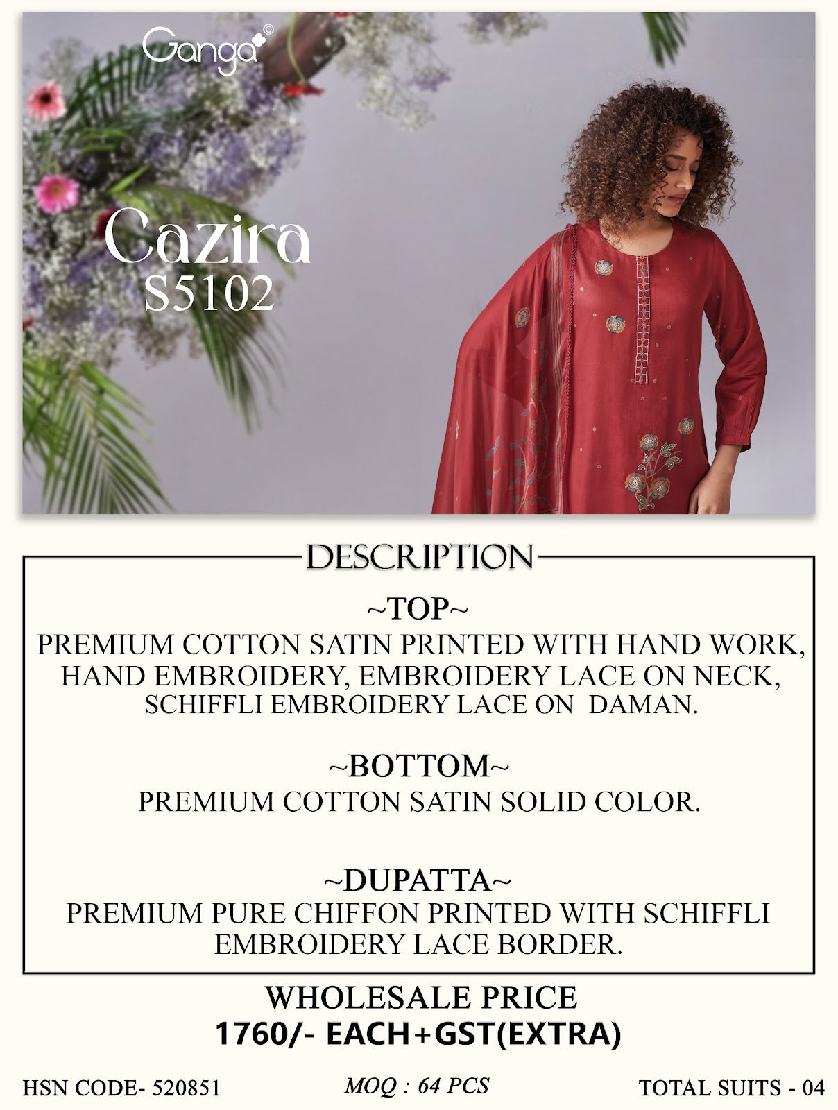 Cazira S5102 Ganga Cotton Satin Pant Style Suits Wholesale Rate