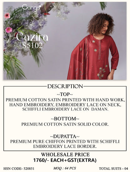 Cazira S5102 Ganga Cotton Satin Pant Style Suits Wholesale Rate