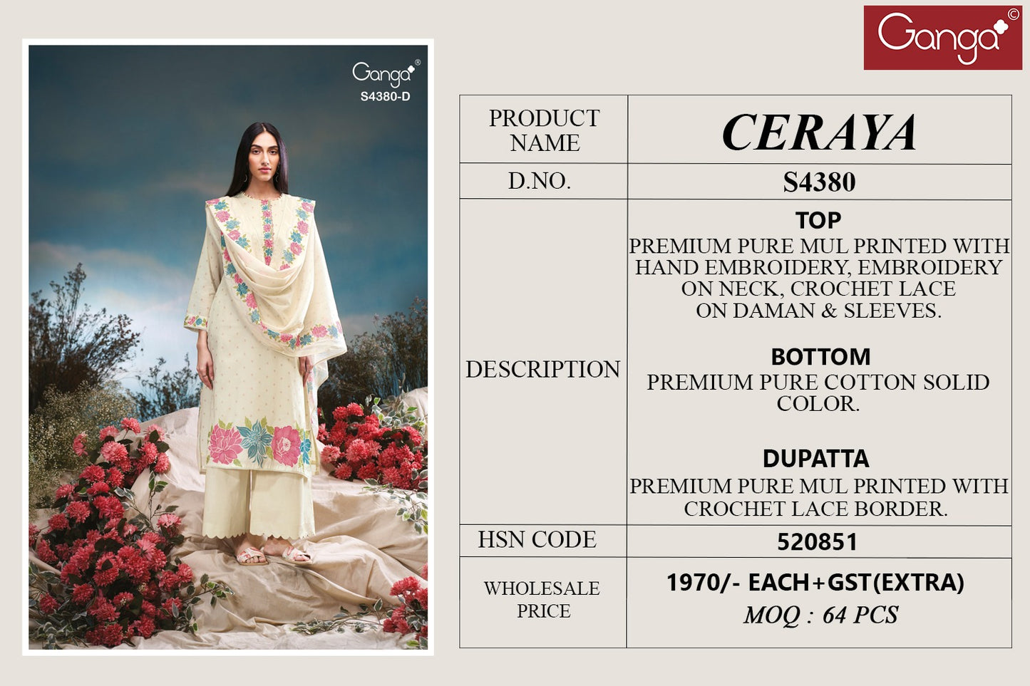 Ceraya 4380 Ganga Mul Plazzo Style Suits Wholesale Rate