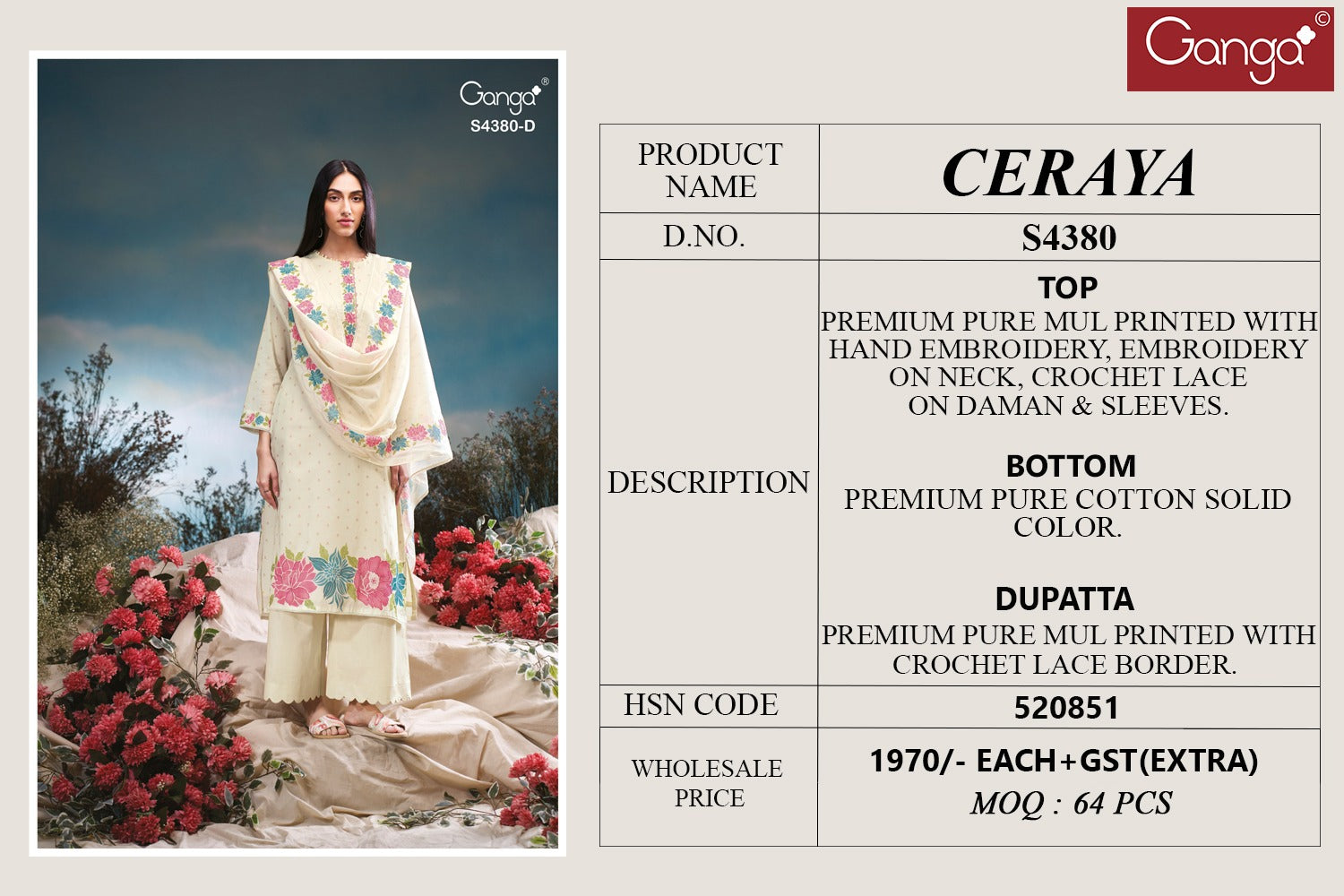Ceraya 4380 Ganga Mul Plazzo Style Suits Wholesale Rate