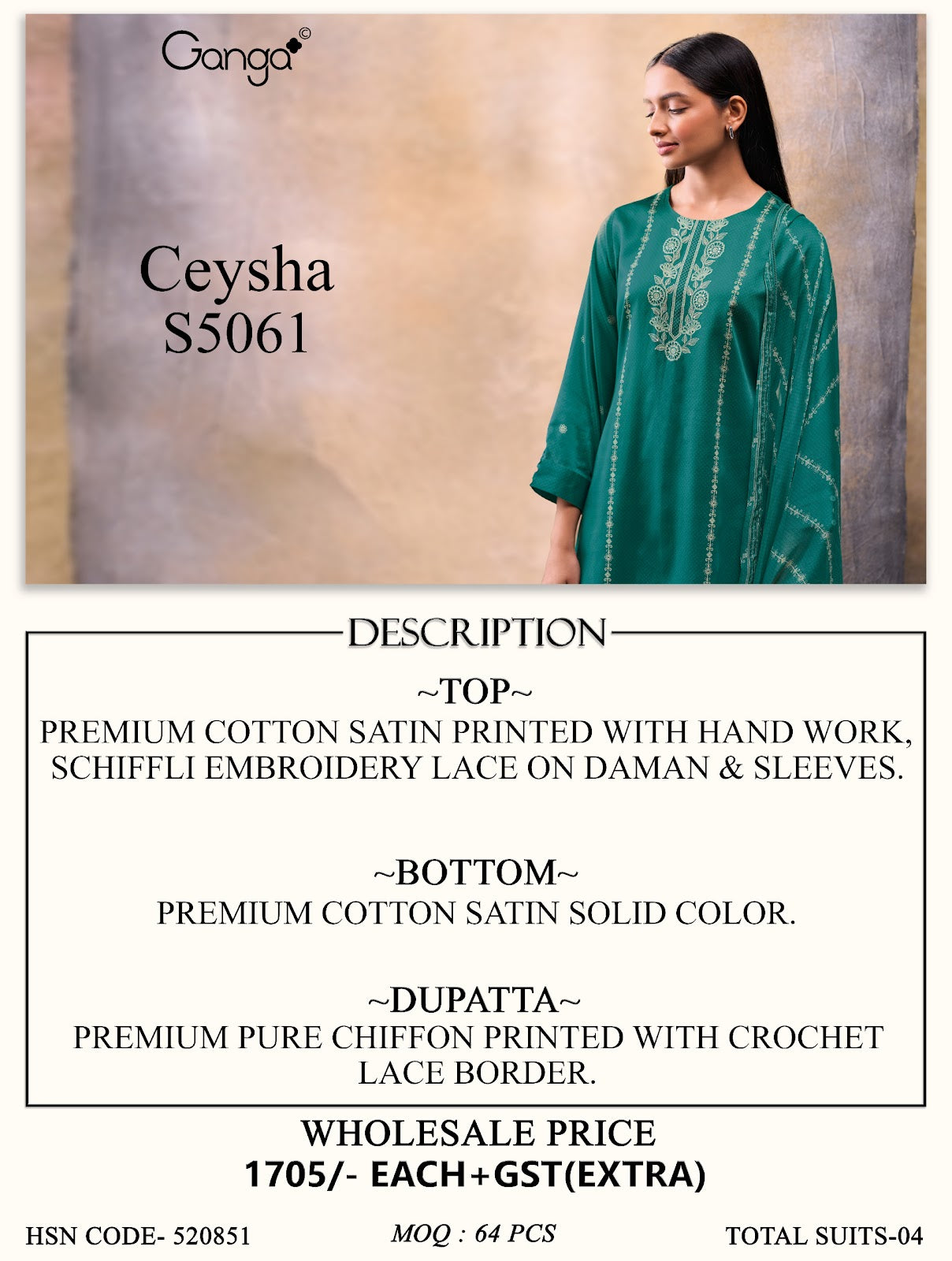 Ceysha S5061 Ganga Cotton Satin Plazzo Style Suits Exporter