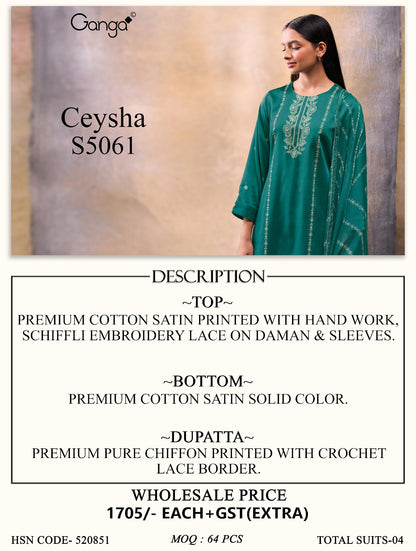 Ceysha S5061 Ganga Cotton Satin Plazzo Style Suits Exporter