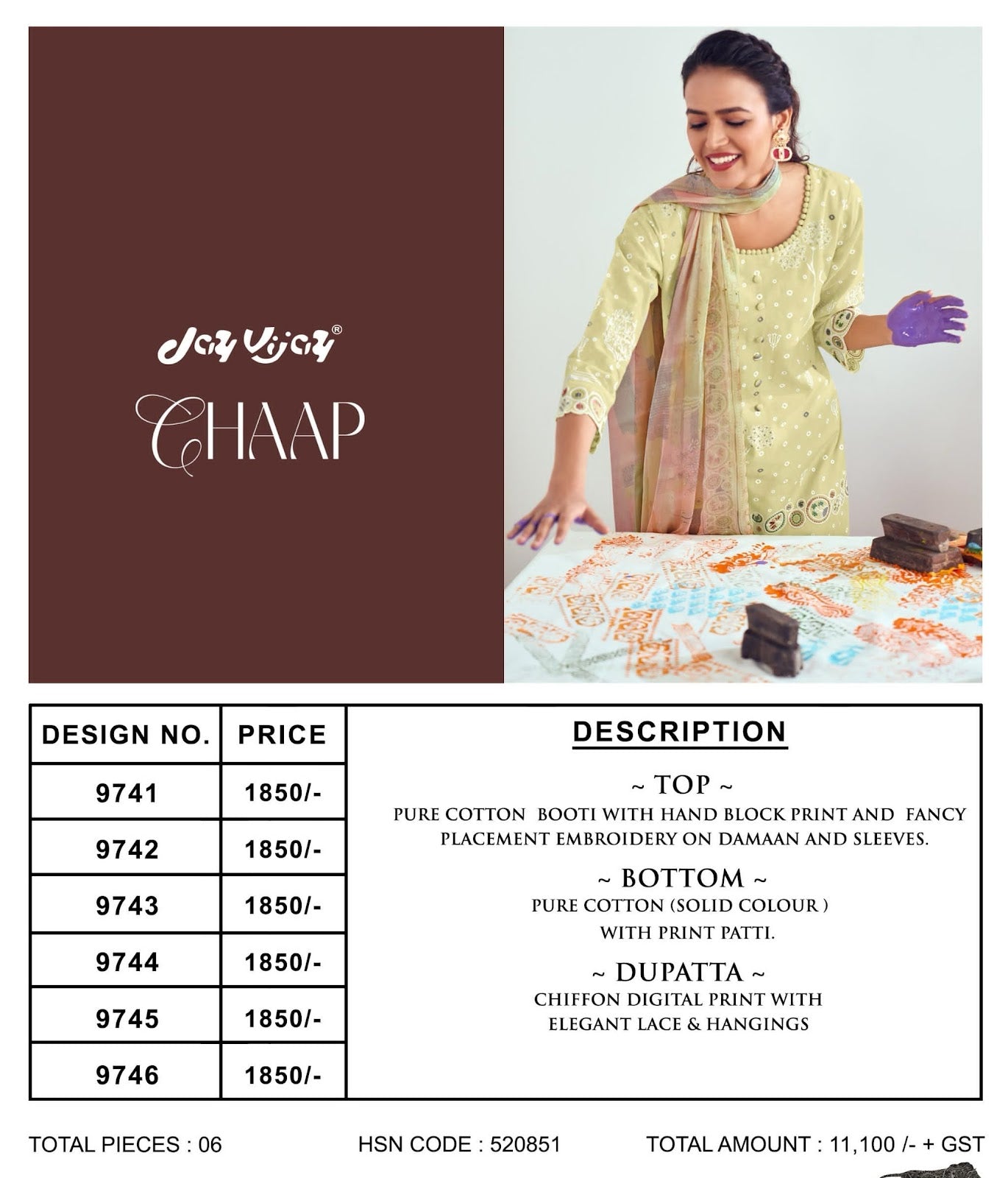 Chaap 9741-9746 Jay Vijay Pure Cotton Pant Style Suits Supplier India