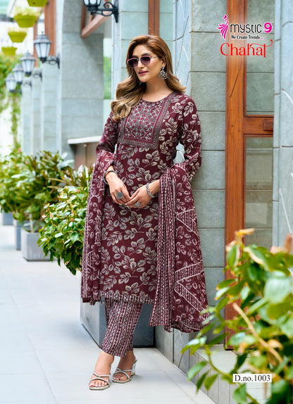 Chahat Vol 1 Mystic 9 Rayon Capsule Readymade Pant Style Suits Wholesale Rate
