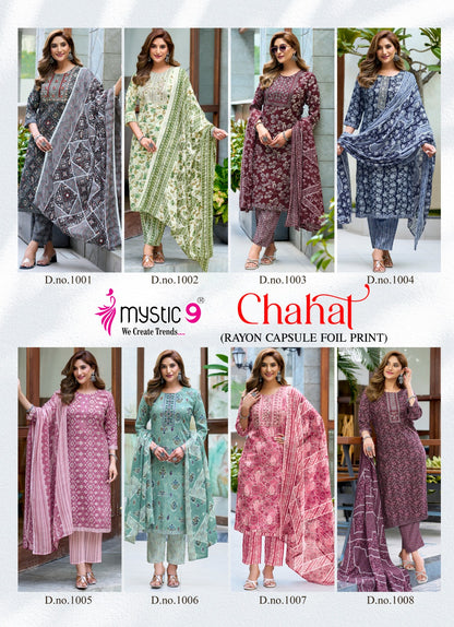 Chahat Vol 1 Mystic 9 Rayon Capsule Readymade Pant Style Suits Wholesale Rate