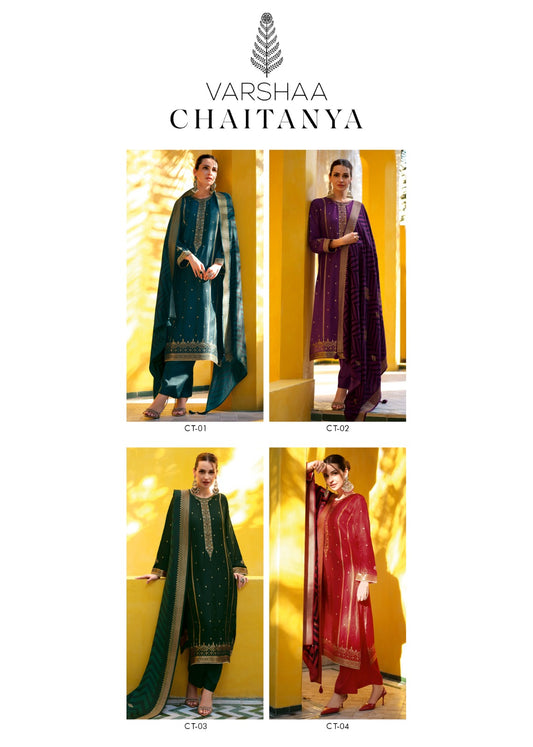 Chaitanya Varsha Fashions Russian Silk Pant Style Suits Wholesale