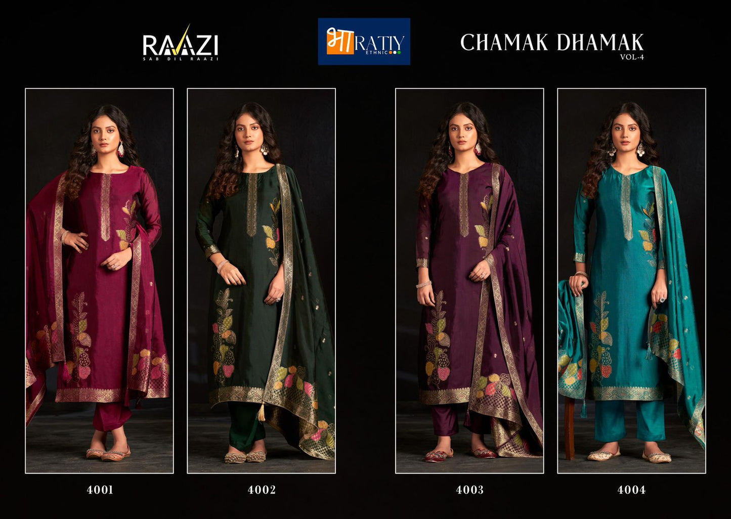 Chamak Dhamak Vol 4 Raazi Viscose Pant Style Suits Wholesale Price