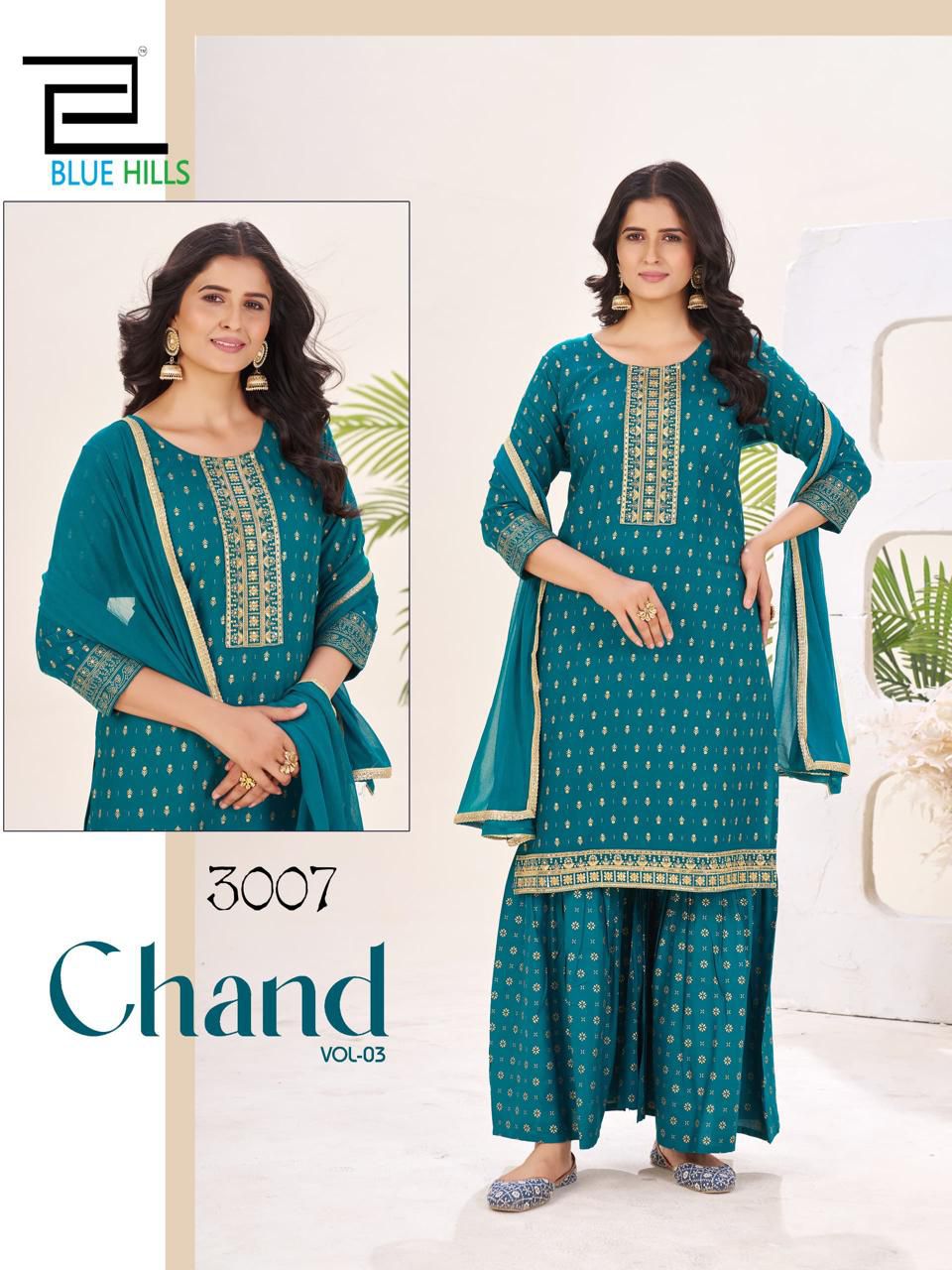 Chand Vol 3 Blue Hills Rayon 14Kg Readymade Sharara Suits Wholesaler India