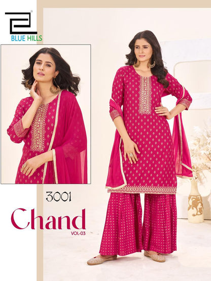 Chand Vol 3 Blue Hills Rayon 14Kg Readymade Sharara Suits Wholesaler India
