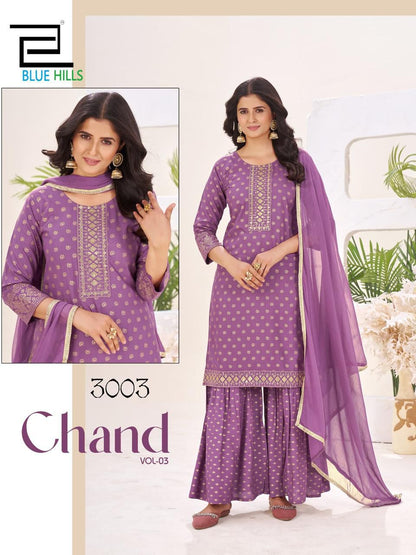 Chand Vol 3 Blue Hills Rayon 14Kg Readymade Sharara Suits Wholesaler India