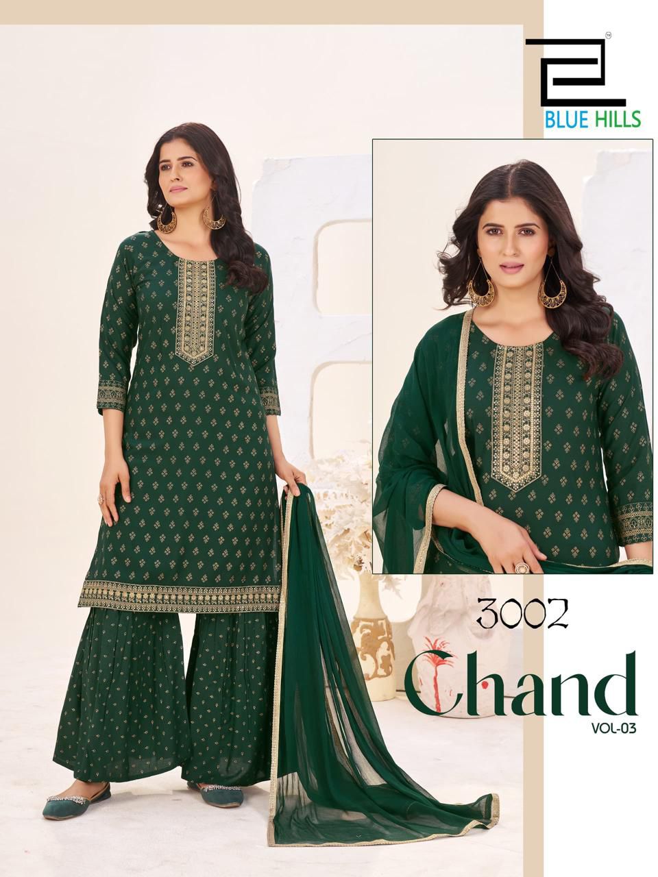Chand Vol 3 Blue Hills Rayon 14Kg Readymade Sharara Suits Wholesaler India