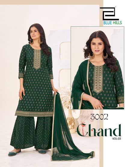 Chand Vol 3 Blue Hills Rayon 14Kg Readymade Sharara Suits Wholesaler India