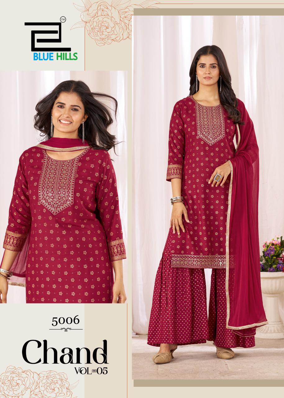Chand Vol 5 Blue Hills Rayon 14Kg Readymade Sharara Suits Supplier India