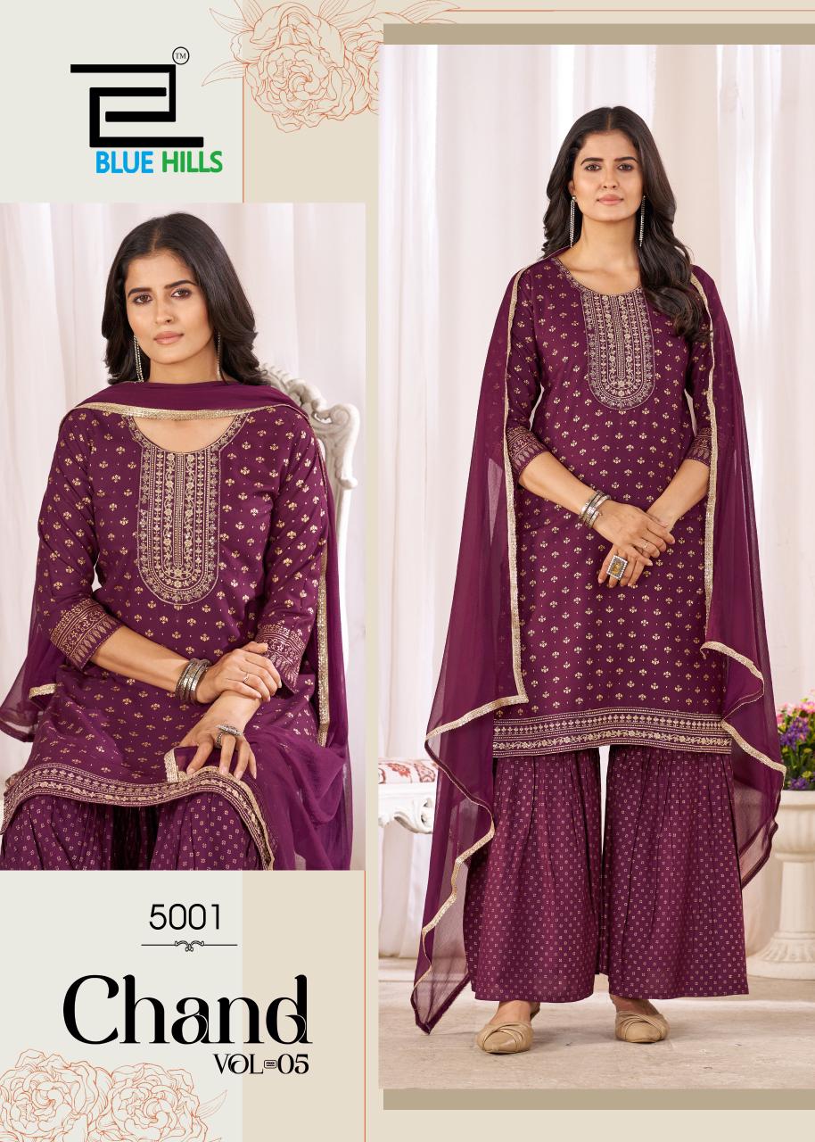 Chand Vol 5 Blue Hills Rayon 14Kg Readymade Sharara Suits Supplier India