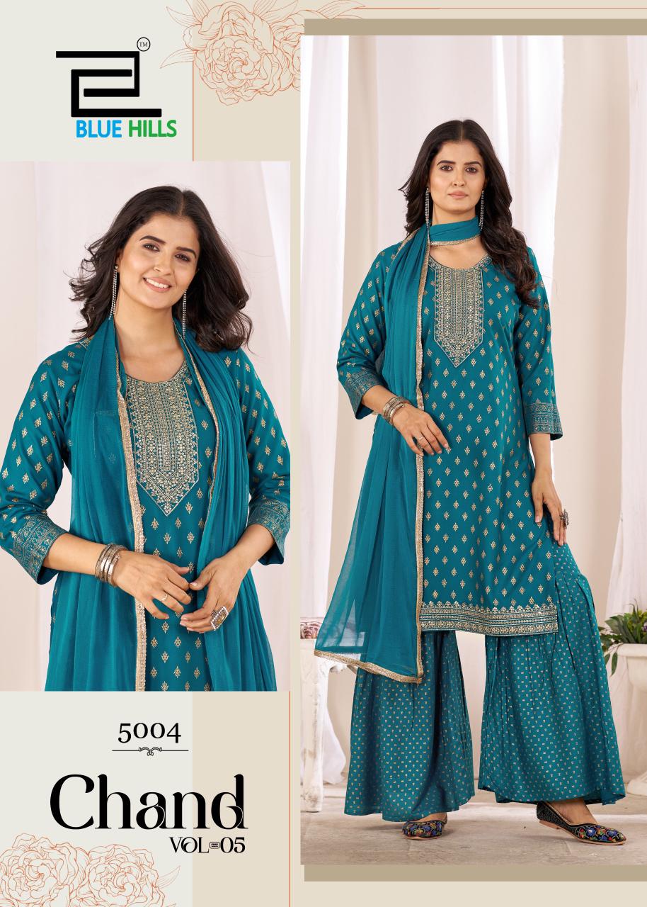 Chand Vol 5 Blue Hills Rayon 14Kg Readymade Sharara Suits Supplier India