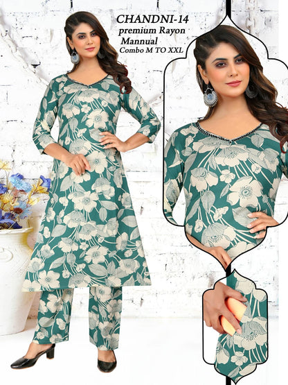 Chandni Green Tomato Rayon Kurti Pant Set Supplier India