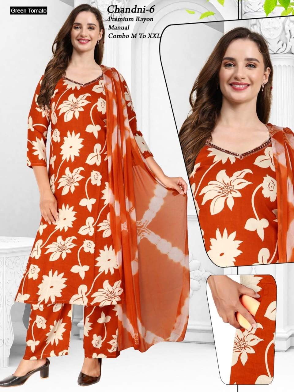 Chandni Green Tomato Rayon Readymade Suits Exporter India