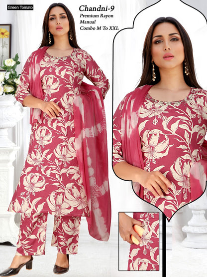 Chandni Green Tomato Rayon Readymade Suits Exporter India