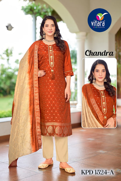 Chandra Vitara Muslin Jacquard Readymade Pant Style Suits Wholesaler