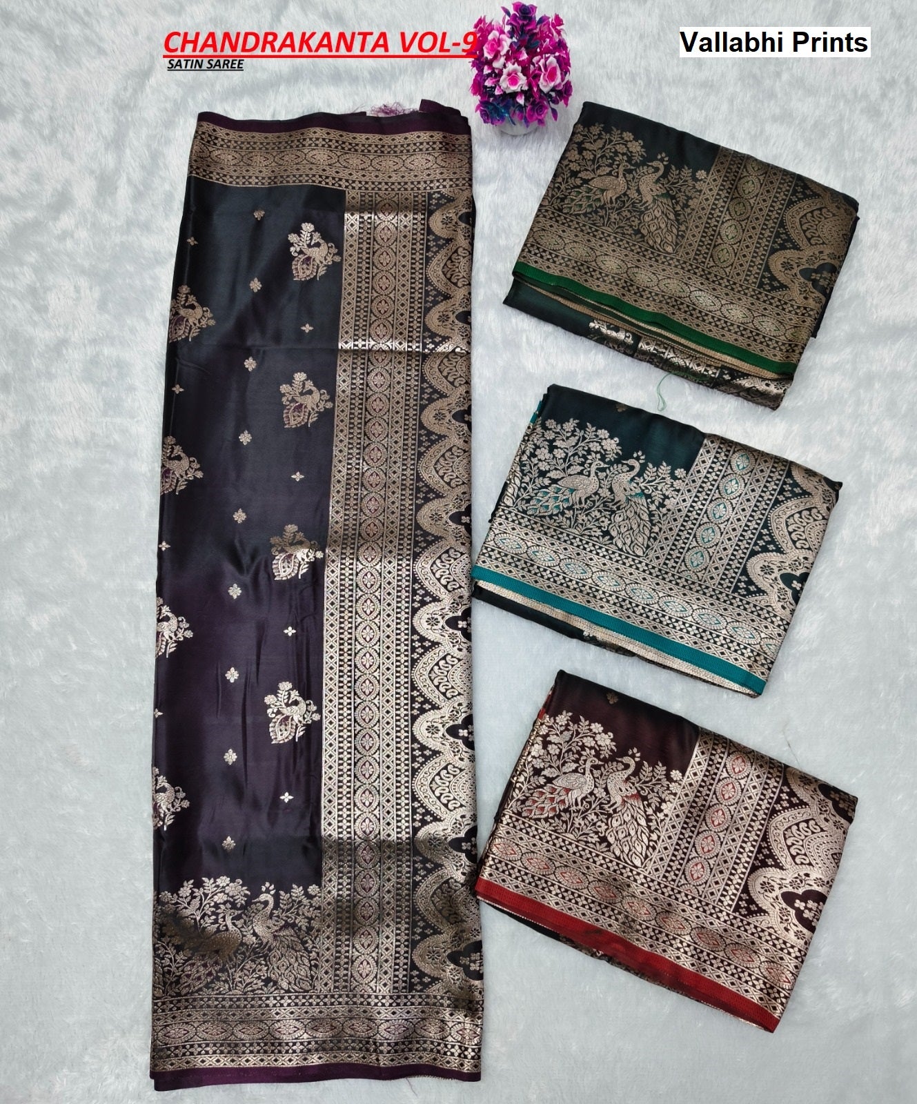 Chandrakanta Vallabhi Prints Satin Sarees Wholesale Price