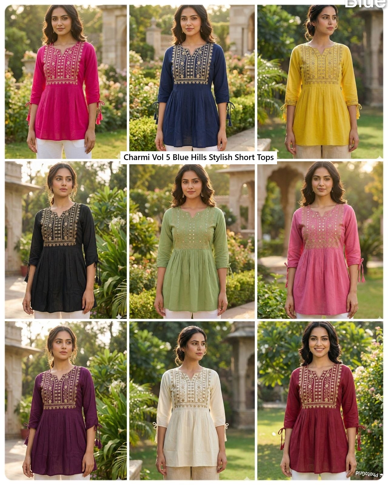 Charmi Vol 5 Blue Hills Rayon Stylish Short Tops Wholesaler Gujarat