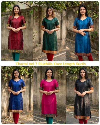 Charmi Vol 7 Bluehills Satin Knee Length Kurtis Wholesale