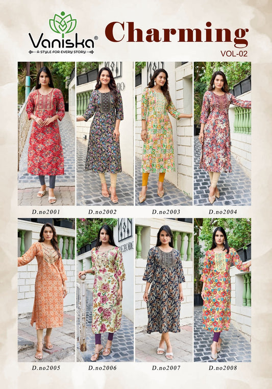 Charming Vol 2 Vaniska Rayon 14Kg Long Straight Kurti Exporter Gujarat