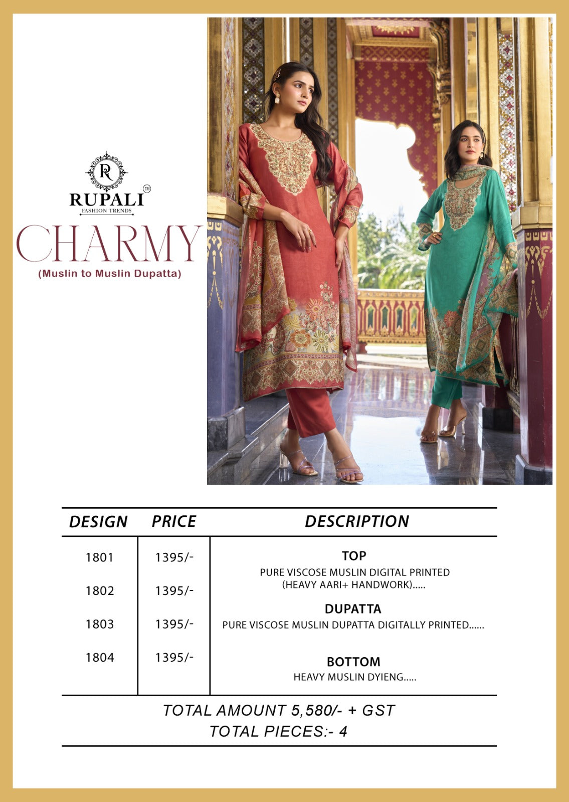 Charmy Rupali Viscose Muslin Pant Style Suits Wholesale Price