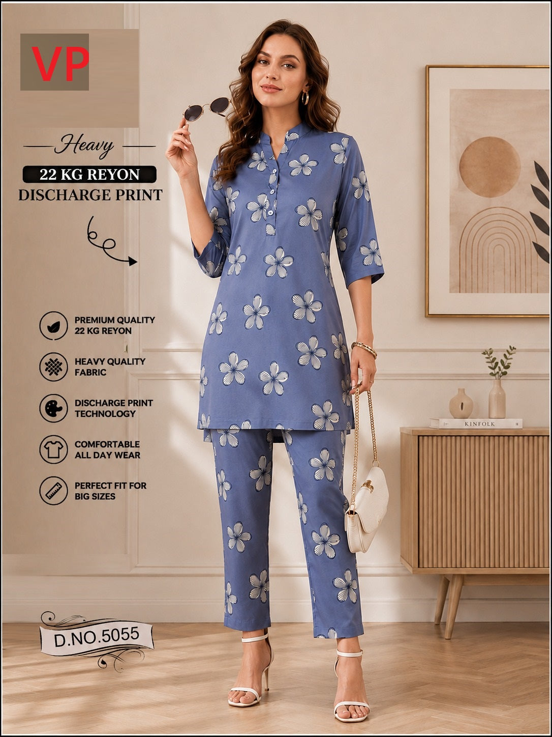 Chart 2 Dno 5055 Kurta Style Vp Rayon 22Kg Co Ord Set Wholesale Rate