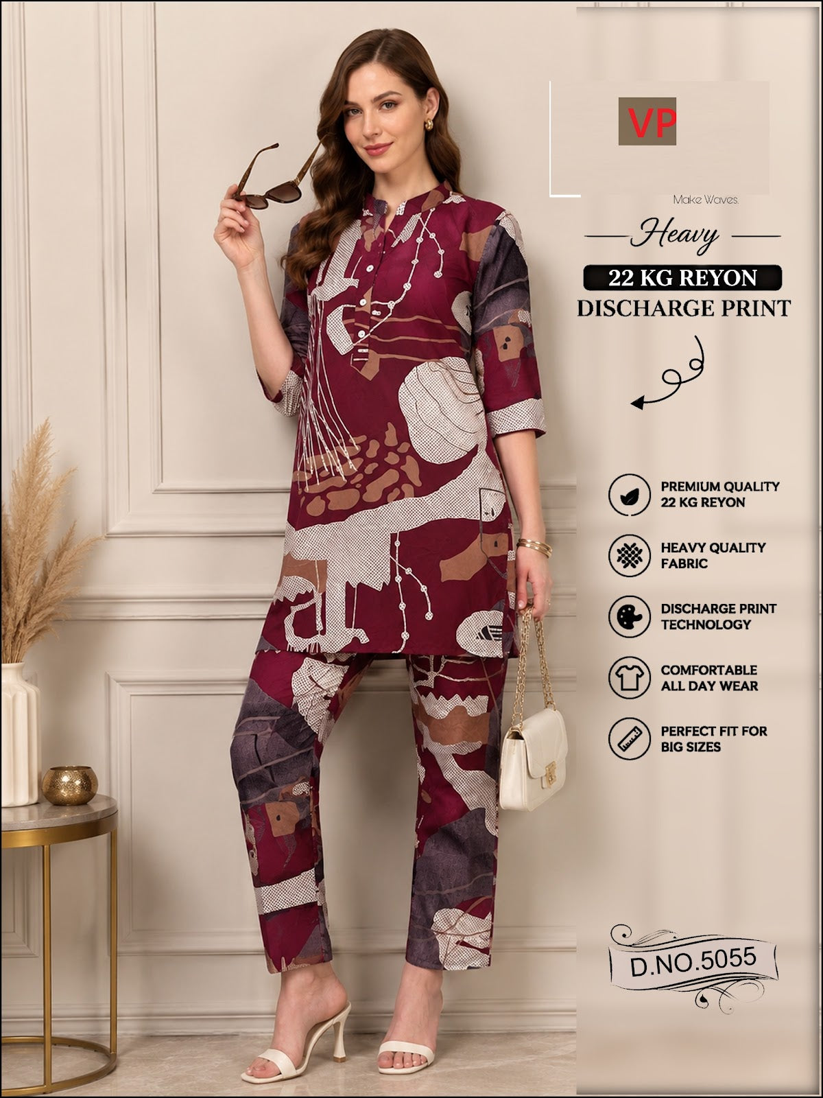 Chart 2 Dno 5055 Kurta Style Vp Rayon 22Kg Co Ord Set Wholesale Rate