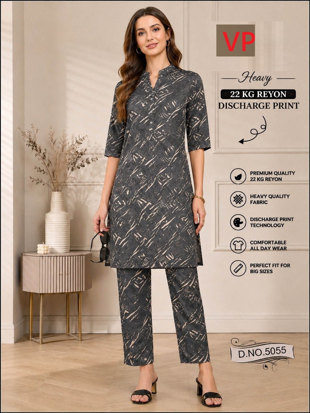 Chart 2 Dno 5055 Kurta Style Vp Rayon 22Kg Co Ord Set Wholesale Rate