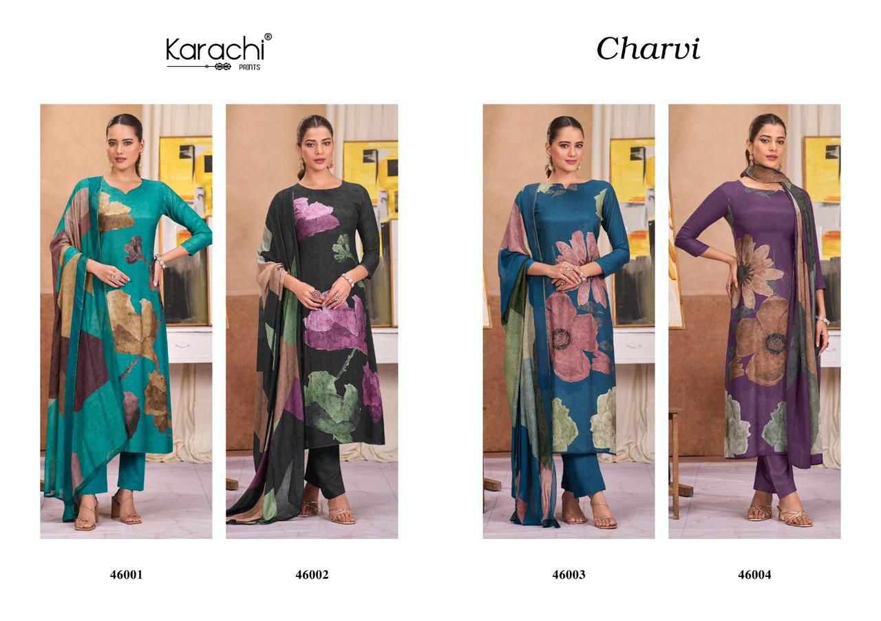Charvi Karachi Prints Viscose Muslin Pant Style Suits Manufacturer Ahmedabad