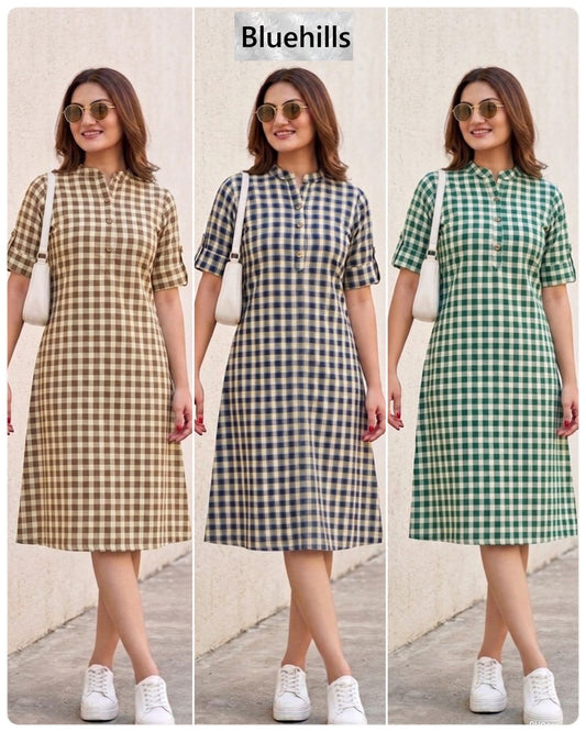 Checks Print Bluehills Cotton Midi Dress Supplier Gujarat