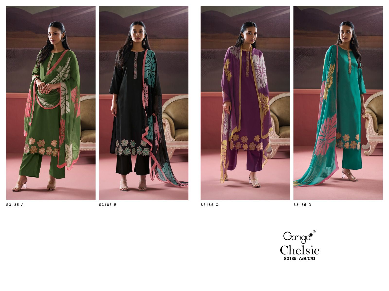 Chelsie S3185 Ganga Cotton Satin Plazzo Style Suits Exporter Ahmedabad