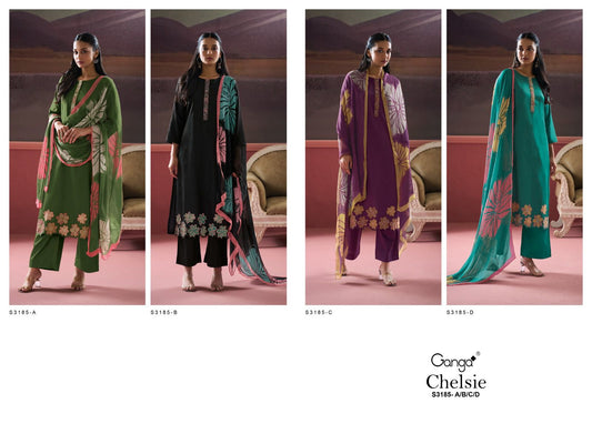 Chelsie S3185 Ganga Cotton Satin Plazzo Style Suits Exporter Ahmedabad