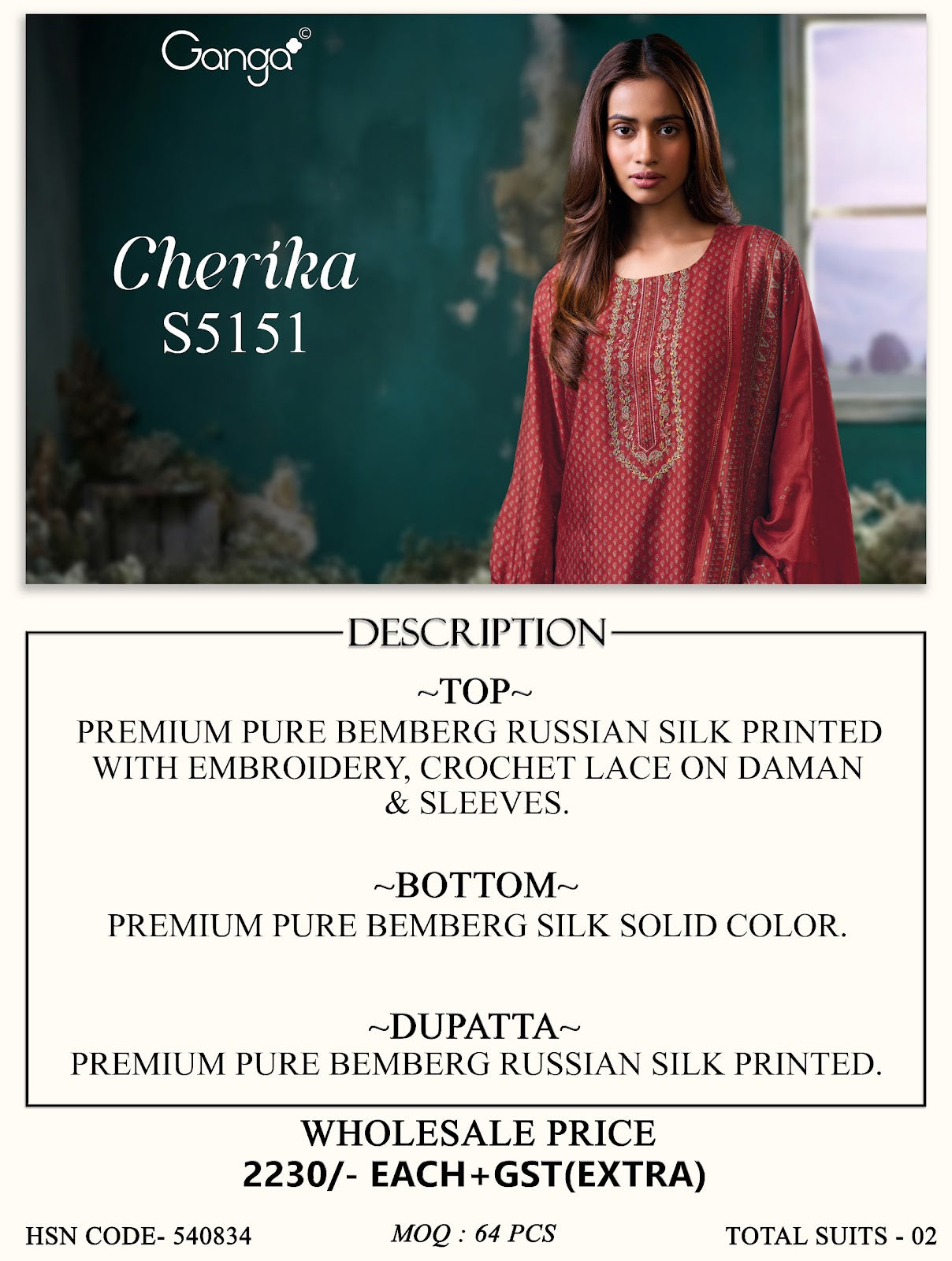 Cherika S5151 Ganga Russian Silk Pant Style Suits Exporter Gujarat